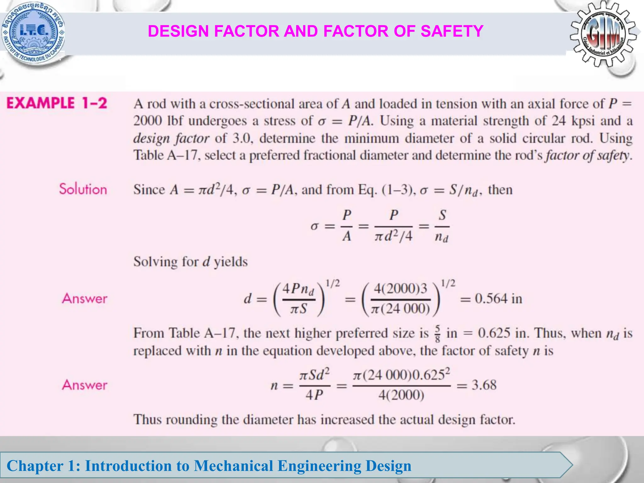 Chapter 1: Introduction to Mechanical Engineering Design
DESIGN FACTOR AND FACTOR OF SAFETY
 