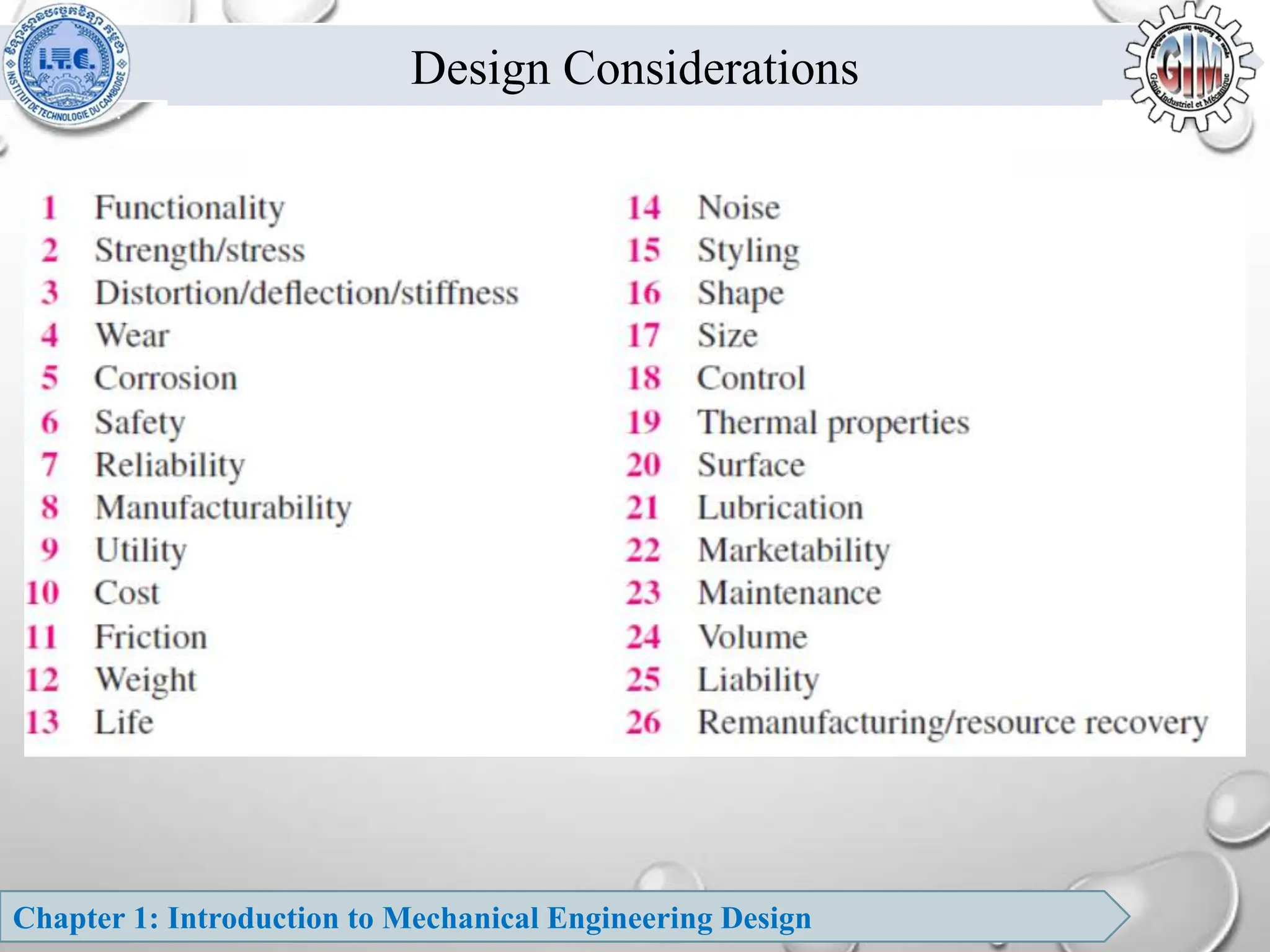 Chapter 1: Introduction to Mechanical Engineering Design
Design Considerations
 
