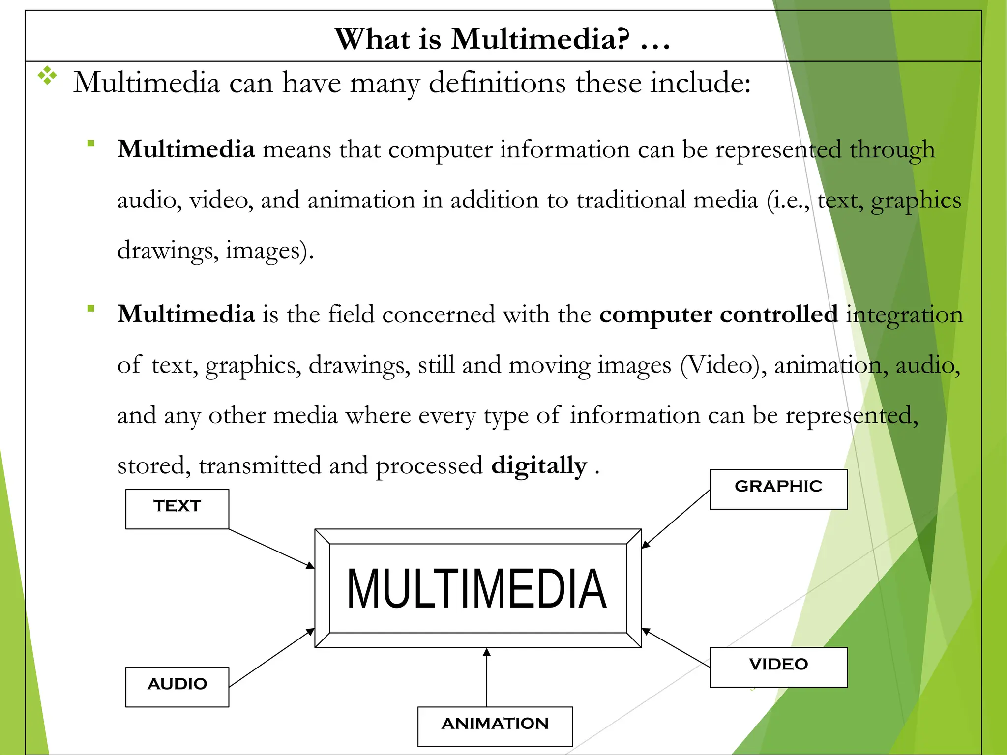 What is Multimedia? …
 Multimedia can have many definitions these include:
 Multimedia means that computer information can be represented through
audio, video, and animation in addition to traditional media (i.e., text, graphics
drawings, images).
 Multimedia is the field concerned with the computer controlled integration
of text, graphics, drawings, still and moving images (Video), animation, audio,
and any other media where every type of information can be represented,
stored, transmitted and processed digitally .
3
TEXT
AUDIO
GRAPHIC
VIDEO
ANIMATION
 