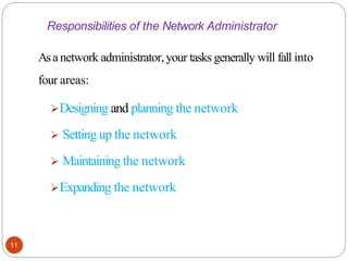 11
Responsibilities of the Network Administrator
Asa network administrator,your tasks generally will fall into
four areas:
➢Designing and planning the network
➢ Setting up the network
➢ Maintaining the network
➢Expanding the network
 
