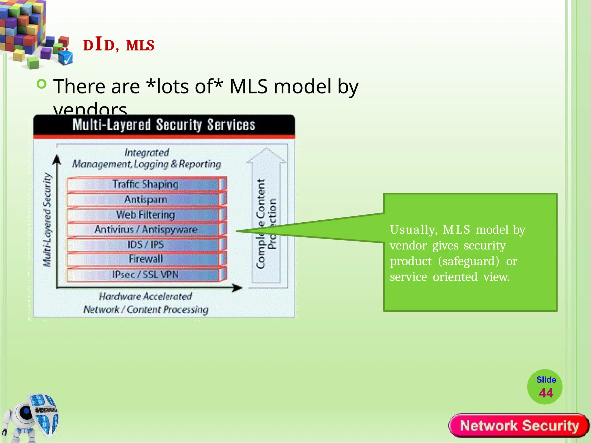 … DID, MLS
 There are *lots of* MLS model by
vendors
Usually, MLS model by
vendor gives security
product (safeguard) or
service oriented view.
Slide
44
 