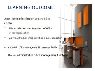 LEARNING OUTCOME
•
•
•
Carry out the key office activities in an organization
Ascertain office management in an organization
• Allocate administrative office management functions
 