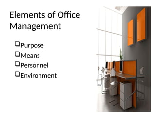 Elements of Office
Management
Purpose
Means
Personnel
Environment
 
