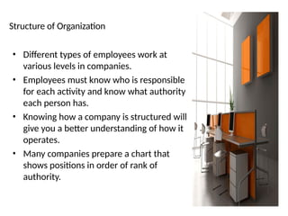 • Different types of employees work at
various levels in companies.
• Employees must know who is responsible
for each activity and know what authority
each person has.
• Knowing how a company is structured will
give you a better understanding of how it
operates.
• Many companies prepare a chart that
shows positions in order of rank of
authority.
Structure of Organization
 