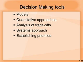 1-33
Decision Making tools
 Models
 Quantitative approaches
 Analysis of trade-offs
 Systems approach
 Establishing priorities
 