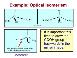 Example: Optical Isomerism




              • It is important this
                time to draw the
                COOH group
                backwards in the
                mirror image.

  Incorrect
 