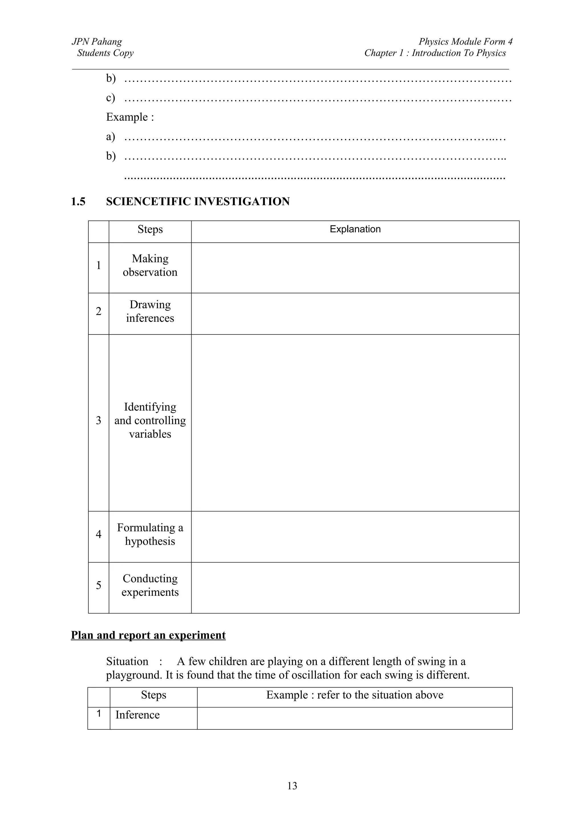 JPN Pahang                                                                Physics Module Form 4
 Students Copy                                              Chapter 1 : Introduction To Physics
_________________________________________________________________________________________
          b) ………………………………………………………………………………………
          c) ………………………………………………………………………………………
          Example :
          a) …………………………………………………………………………………..…
          b) ……………………………………………………………………………………..
             .....................................................................................................................

1.5       SCIENCETIFIC INVESTIGATION

                 Steps                                                      Explanation


               Making
      1
             observation

               Drawing
      2
              inferences




             Identifying
      3    and controlling
              variables




            Formulating a
      4
             hypothesis


             Conducting
      5
             experiments


Plan and report an experiment

          Situation : A few children are playing on a different length of swing in a
          playground. It is found that the time of oscillation for each swing is different.
                  Steps                                 Example : refer to the situation above
      1     Inference




                                                              13
 