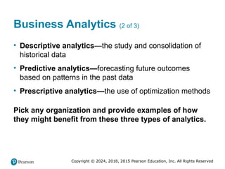 Copyright © 2024, 2018, 2015 Pearson Education, Inc. All Rights Reserved
Business Analytics (2 of 3)
• Descriptive analytics—the study and consolidation of
historical data
• Predictive analytics—forecasting future outcomes
based on patterns in the past data
• Prescriptive analytics—the use of optimization methods
Pick any organization and provide examples of how
they might benefit from these three types of analytics.
 