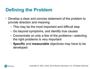Copyright © 2024, 2018, 2015 Pearson Education, Inc. All Rights Reserved
Defining the Problem
• Develop a clear and concise statement of the problem to
provide direction and meaning
– This may be the most important and difficult step
– Go beyond symptoms, and identify true causes
– Concentrate on only a few of the problems—selecting
the right problems is very important
– Specific and measurable objectives may have to be
developed
 