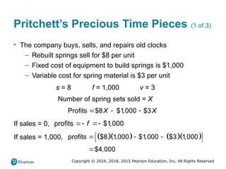 Copyright © 2024, 2018, 2015 Pearson Education, Inc. All Rights Reserved
Pritchett’s Precious Time Pieces (1 of 3)
• The company buys, sells, and repairs old clocks
– Rebuilt springs sell for $8 per unit
– Fixed cost of equipment to build springs is $1,000
– Variable cost for spring material is $3 per unit
s = 8 f = 1,000 v = 3
Number of spring sets sold = X
Profits $8 $1,000 $3
X X
  
If sales = 0, profits $1,000
f 
 
If sales = 1,000,      
 
  
 
profits $8 1,000 $1,000 $3 1,000
$4,000

 
