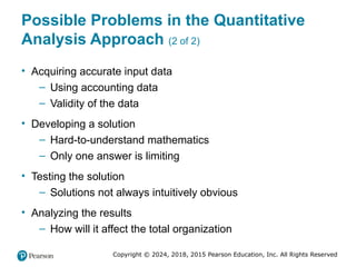 Copyright © 2024, 2018, 2015 Pearson Education, Inc. All Rights Reserved
Possible Problems in the Quantitative
Analysis Approach (2 of 2)
• Acquiring accurate input data
– Using accounting data
– Validity of the data
• Developing a solution
– Hard-to-understand mathematics
– Only one answer is limiting
• Testing the solution
– Solutions not always intuitively obvious
• Analyzing the results
– How will it affect the total organization
 
