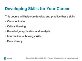 Copyright © 2024, 2018, 2015 Pearson Education, Inc. All Rights Reserved
Developing Skills for Your Career
This course will help you develop and practice these skills:
• Communication
• Critical thinking
• Knowledge application and analysis
• Information technology skills
• Data literacy
 