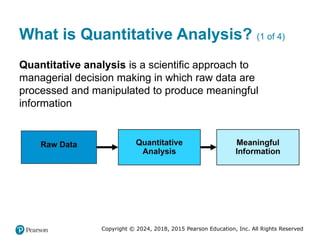Copyright © 2024, 2018, 2015 Pearson Education, Inc. All Rights Reserved
What is Quantitative Analysis? (1 of 4)
Quantitative analysis is a scientific approach to
managerial decision making in which raw data are
processed and manipulated to produce meaningful
information
 