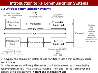 Dr. Cuong HuynhTelecommunications DepartmentHCMUT 10
 A typical communication system can be partitioned into a transmitter, a channel,
and a receiver.
 In this course we will study the circuits that interface from the channel to the
receiver/transmitter. These circuits are at the “front-end'” of the transceiver and
operate at high frequency : TX Front-End and RX Front-End
Transmitter
Front-End
Receiver
Front-End
TX
RX
TX
Introduction to RF Communication Systems
1.3 Wireless communication systems
 