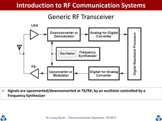 Dr. Cuong HuynhTelecommunications DepartmentHCMUT
Generic RF Transceiver
 Signals are upconverted/downconverted at TX/RX, by an oscillator controlled by a
Frequency Synthesizer
Introduction to RF Communication Systems
 
