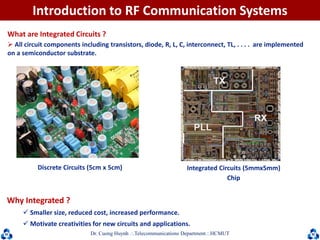 Dr. Cuong HuynhTelecommunications DepartmentHCMUT
What are Integrated Circuits ?
 All circuit components including transistors, diode, R, L, C, interconnect, TL, . . . . are implemented
on a semiconductor substrate.
Discrete Circuits (5cm x 5cm) Integrated Circuits (5mmx5mm)
Chip
Why Integrated ?
 Smaller size, reduced cost, increased performance.
 Motivate creativities for new circuits and applications.
Introduction to RF Communication Systems
 