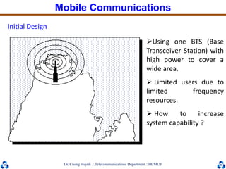 Dr. Cuong HuynhTelecommunications DepartmentHCMUT
Initial Design
Using one BTS (Base
Transceiver Station) with
high power to cover a
wide area.
 Limited users due to
limited frequency
resources.
 How to increase
system capability ?
Mobile Communications
 