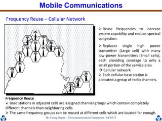 Dr. Cuong HuynhTelecommunications DepartmentHCMUT
Frequency Reuse – Cellular Network
 Reuse frequencies to increase
system capability and reduce spectral
congestion.
 Replaces single high power
transmitter (Large cell) with many
low power transmitters (Small cells),
each providing coverage to only a
small portion of the service area
 Cellular network
 Each cellular base station is
allocated a group of radio channels.
Frequency Reuse
 Base stations in adjacent cells are assigned channel groups which contain completely
different channels than neighboring cells.
 The same frequency groups can be reused at different cells which are located far enough.
Mobile Communications
 