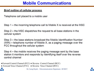 Dr. Cuong HuynhTelecommunications DepartmentHCMUT
Mobile Communications
Forward Control Channel (FCC)  Reverse Control Channel (RCC)
 Forward Voice Channel (FVC)  Reverse Voice Channel (RVC)
 