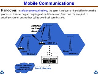 Dr. Cuong HuynhTelecommunications DepartmentHCMUT
Mobile Communications
MSC
Handover: In cellular communications, the term handover or handoff refers to the
process of transferring an ongoing call or data session from one channel/cell to
another channel on another cell to avoid call termination.
 