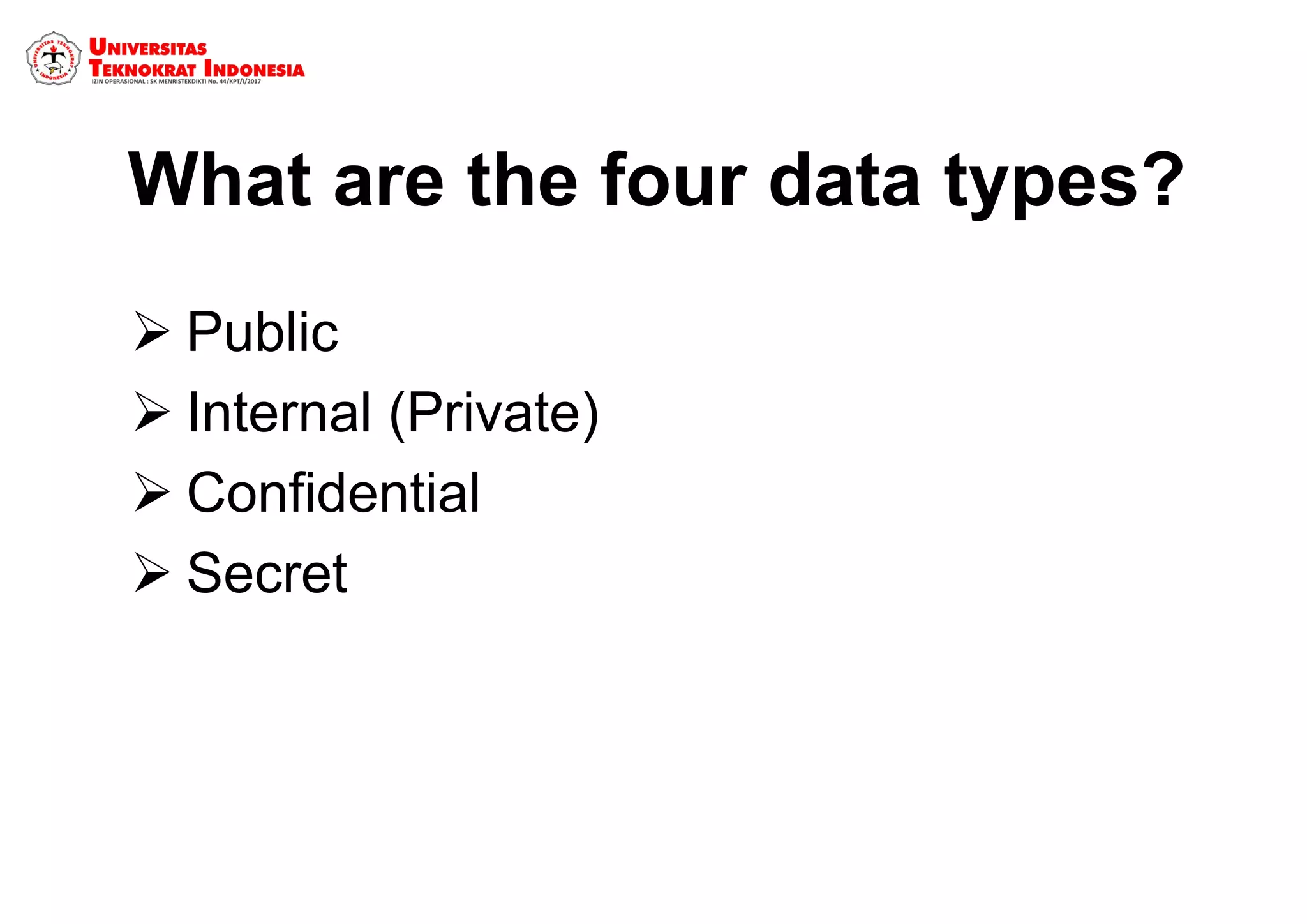 What are the four data types?
 Public
 Internal (Private)
 Confidential
 Secret
 