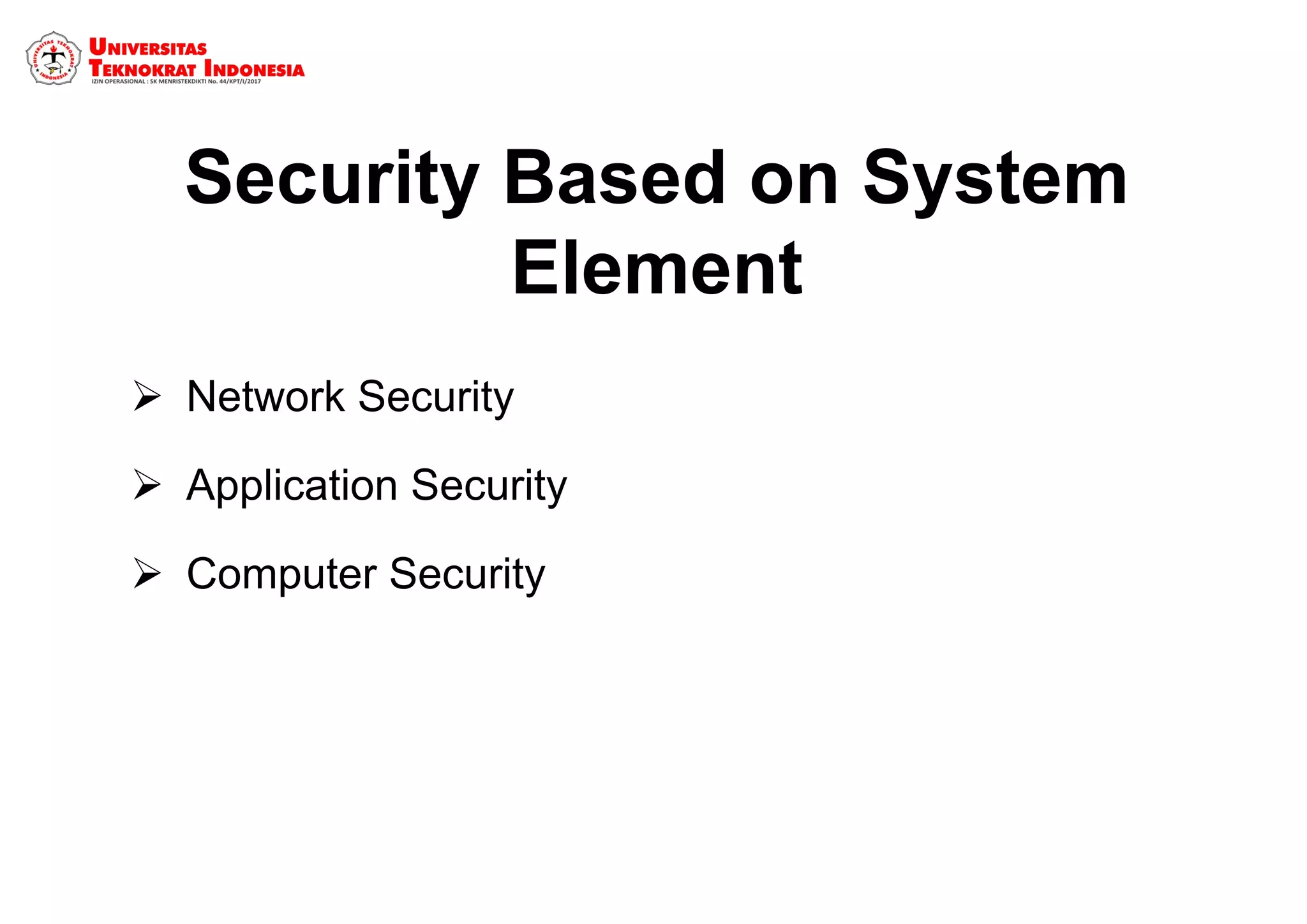 Security Based on System
Element
 Network Security
 Application Security
 Computer Security
 