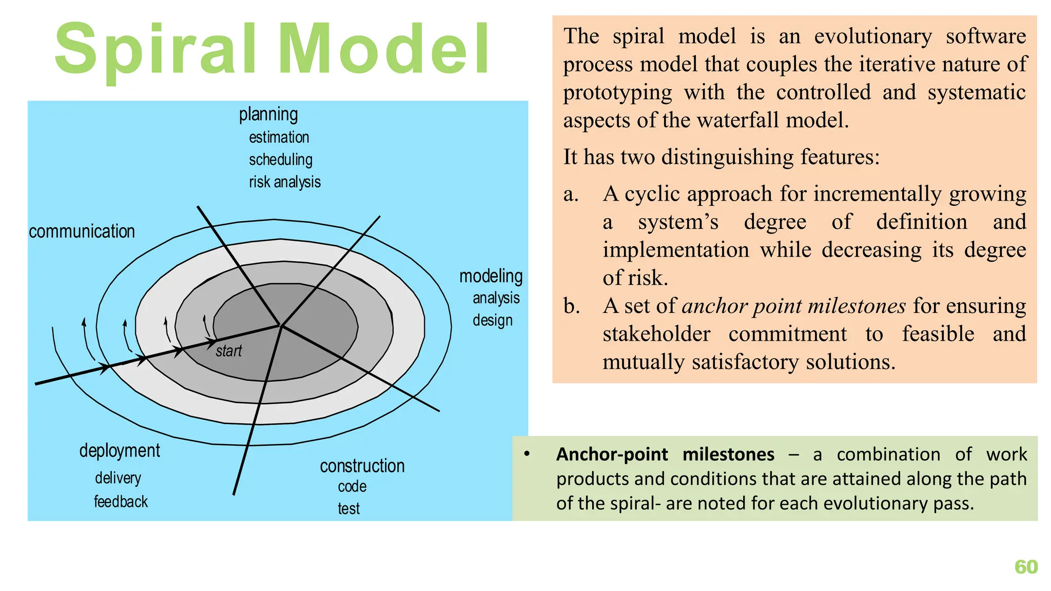 Spiral Model
60
communication
planning
modeling
construction
deployment
delivery
feedback
start
analysis
design
code
test
estimation
scheduling
risk analysis
The spiral model is an evolutionary software
process model that couples the iterative nature of
prototyping with the controlled and systematic
aspects of the waterfall model.
It has two distinguishing features:
a. A cyclic approach for incrementally growing
a system’s degree of definition and
implementation while decreasing its degree
of risk.
b. A set of anchor point milestones for ensuring
stakeholder commitment to feasible and
mutually satisfactory solutions.
• Anchor-point milestones – a combination of work
products and conditions that are attained along the path
of the spiral- are noted for each evolutionary pass.
 