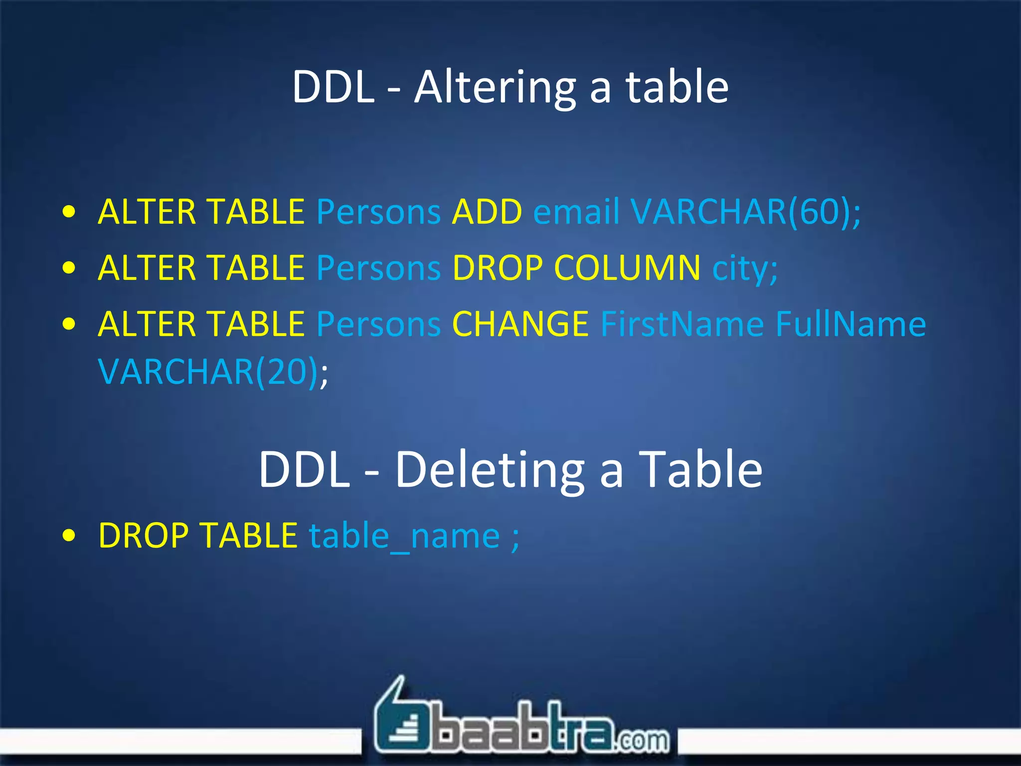 DDL - Altering a table
• ALTER TABLE Persons ADD email VARCHAR(60);
• ALTER TABLE Persons DROP COLUMN city;
• ALTER TABLE Persons CHANGE FirstName FullName
VARCHAR(20);
DDL - Deleting a Table
• DROP TABLE table_name ;
 
