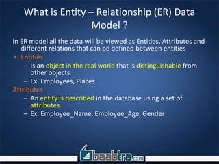 What is Entity – Relationship (ER) Data
Model ?
In ER model all the data will be viewed as Entities, Attributes and
different relations that can be defined between entities
• Entities
– Is an object in the real world that is distinguishable from
other objects
– Ex. Employees, Places
Attributes
– An entity is described in the database using a set of
attributes
– Ex. Employee_Name, Employee_Age, Gender
 