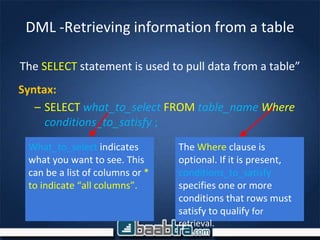DML -Retrieving information from a table
The SELECT statement is used to pull data from a table”
Syntax:
– SELECT what_to_select FROM table_name Where
conditions_to_satisfy ;
What_to_select indicates
what you want to see. This
can be a list of columns or *
to indicate “all columns”.
The Where clause is
optional. If it is present,
conditions_to_satisfy
specifies one or more
conditions that rows must
satisfy to qualify for
retrieval.
 