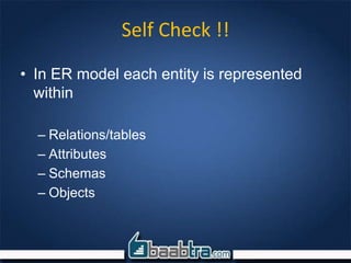 Self Check !!
• In ER model each entity is represented
within
– Relations/tables
– Attributes
– Schemas
– Objects
 