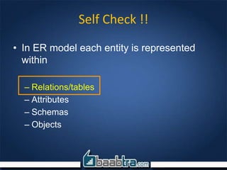 Self Check !!
• In ER model each entity is represented
within
– Relations/tables
– Attributes
– Schemas
– Objects
 