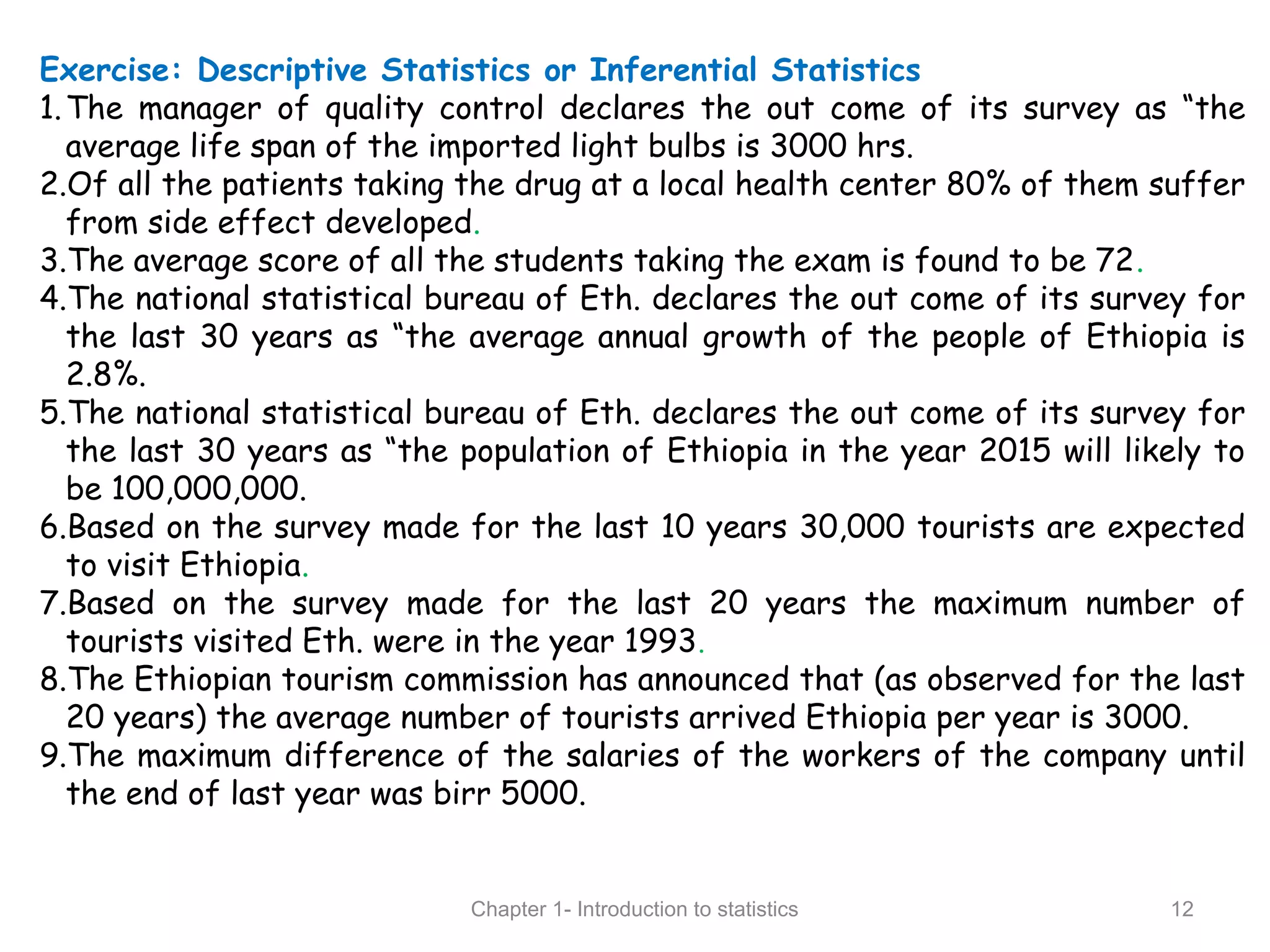 Exercise: Descriptive Statistics or Inferential Statistics
1.The manager of quality control declares the out come of its survey as “the
average life span of the imported light bulbs is 3000 hrs.
2.Of all the patients taking the drug at a local health center 80% of them suffer
from side effect developed.
3.The average score of all the students taking the exam is found to be 72.
4.The national statistical bureau of Eth. declares the out come of its survey for
the last 30 years as “the average annual growth of the people of Ethiopia is
2.8%.
5.The national statistical bureau of Eth. declares the out come of its survey for
the last 30 years as “the population of Ethiopia in the year 2015 will likely to
be 100,000,000.
6.Based on the survey made for the last 10 years 30,000 tourists are expected
to visit Ethiopia.
7.Based on the survey made for the last 20 years the maximum number of
tourists visited Eth. were in the year 1993.
8.The Ethiopian tourism commission has announced that (as observed for the last
20 years) the average number of tourists arrived Ethiopia per year is 3000.
9.The maximum difference of the salaries of the workers of the company until
the end of last year was birr 5000.
Chapter 1- Introduction to statistics 12
 