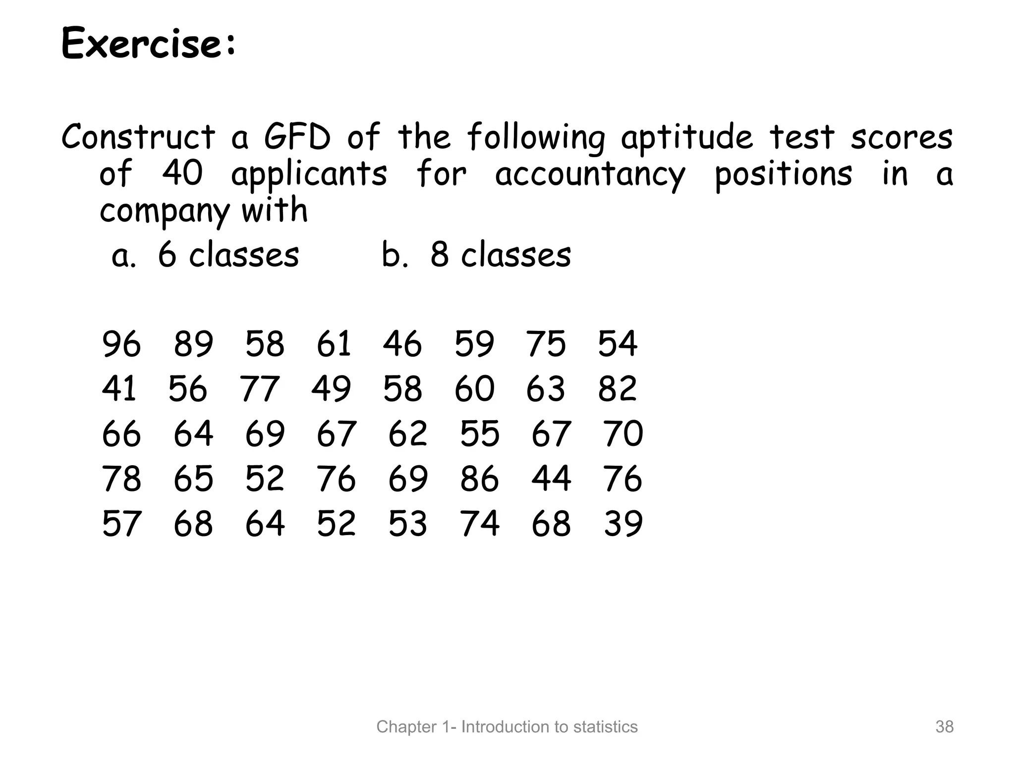 Exercise:
Construct a GFD of the following aptitude test scores
of 40 applicants for accountancy positions in a
company with
a. 6 classes b. 8 classes
96 89 58 61 46 59 75 54
41 56 77 49 58 60 63 82
66 64 69 67 62 55 67 70
78 65 52 76 69 86 44 76
57 68 64 52 53 74 68 39
Chapter 1- Introduction to statistics 38
 
