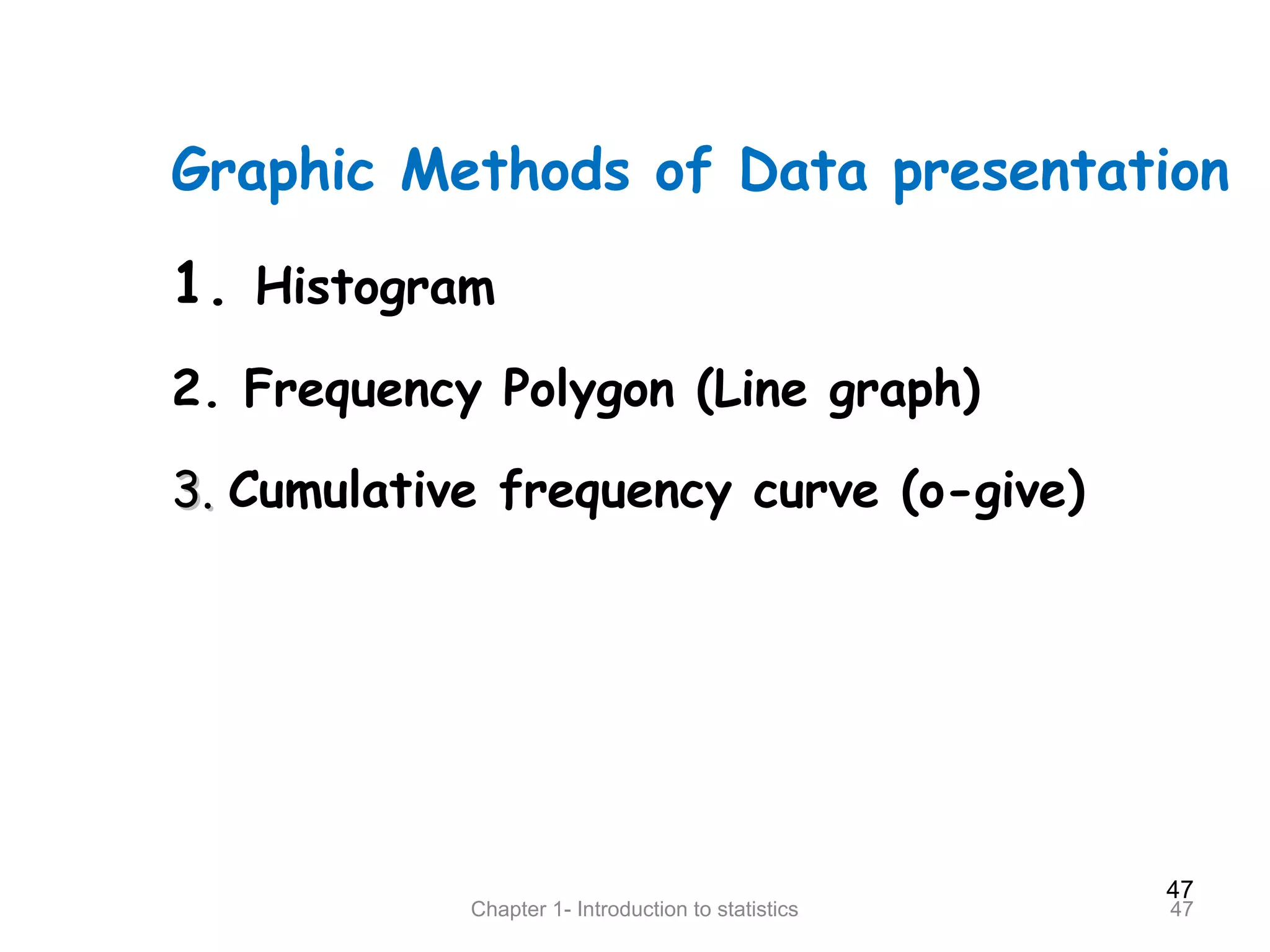 47
Chapter 1- Introduction to statistics 47
Graphic Methods of Data presentation
1. Histogram
2. Frequency Polygon (Line graph)
3.3. Cumulative frequency curve (o-give)
 