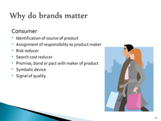 Consumer
 Identification of source of product
 Assignment of responsibility to product maker
 Risk reducer
 Search cost reducer
 Promise, bond or pact with maker of product
 Symbolic device
 Signal of quality
23
 