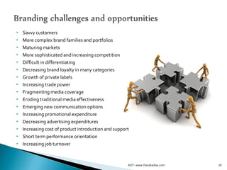  Savvy customers
 More complex brand families and portfolios
 Maturing markets
 More sophisticated and increasing competition
 Difficult in differentiating
 Decreasing brand loyalty in many categories
 Growth of private labels
 Increasing trade power
 Fragmenting media coverage
 Eroding traditional media effectiveness
 Emerging new communication options
 Increasing promotional expenditure
 Decreasing advertising expenditures
 Increasing cost of product introduction and support
 Short term performance orientation
 Increasing job turnover
28AOT- www.tharakadias.com
 