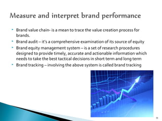  Brand value chain- is a mean to trace the value creation process for
brands.
 Brand audit – it’s a comprehensive examination of its source of equity
 Brand equity management system – is a set of research procedures
designed to provide timely, accurate and actionable information which
needs to take the best tactical decisions in short term and long term
 Brand tracking – involving the above system is called brand tracking
35
 