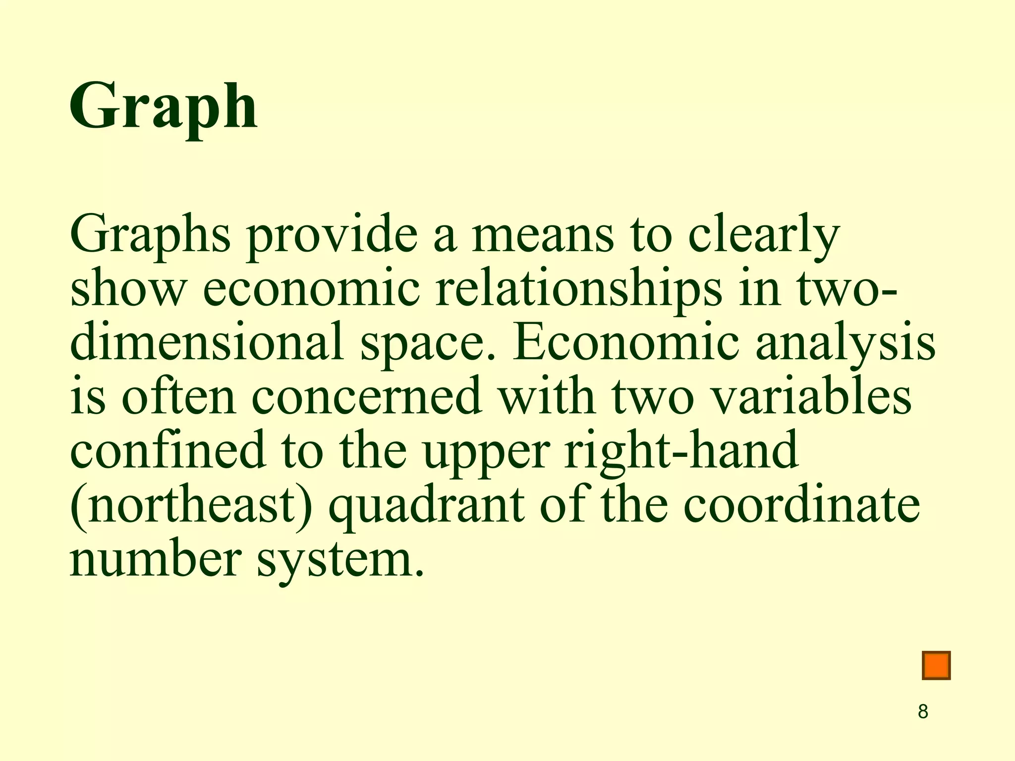 8
Graphs provide a means to clearly
show economic relationships in two-
dimensional space. Economic analysis
is often concerned with two variables
confined to the upper right-hand
(northeast) quadrant of the coordinate
number system.
Graph
 