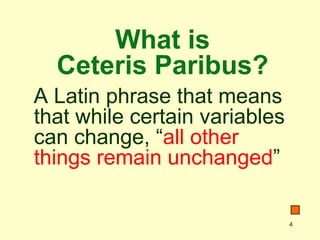 4
What is
Ceteris Paribus?
A Latin phrase that means
that while certain variables
can change, “all other
things remain unchanged”
 