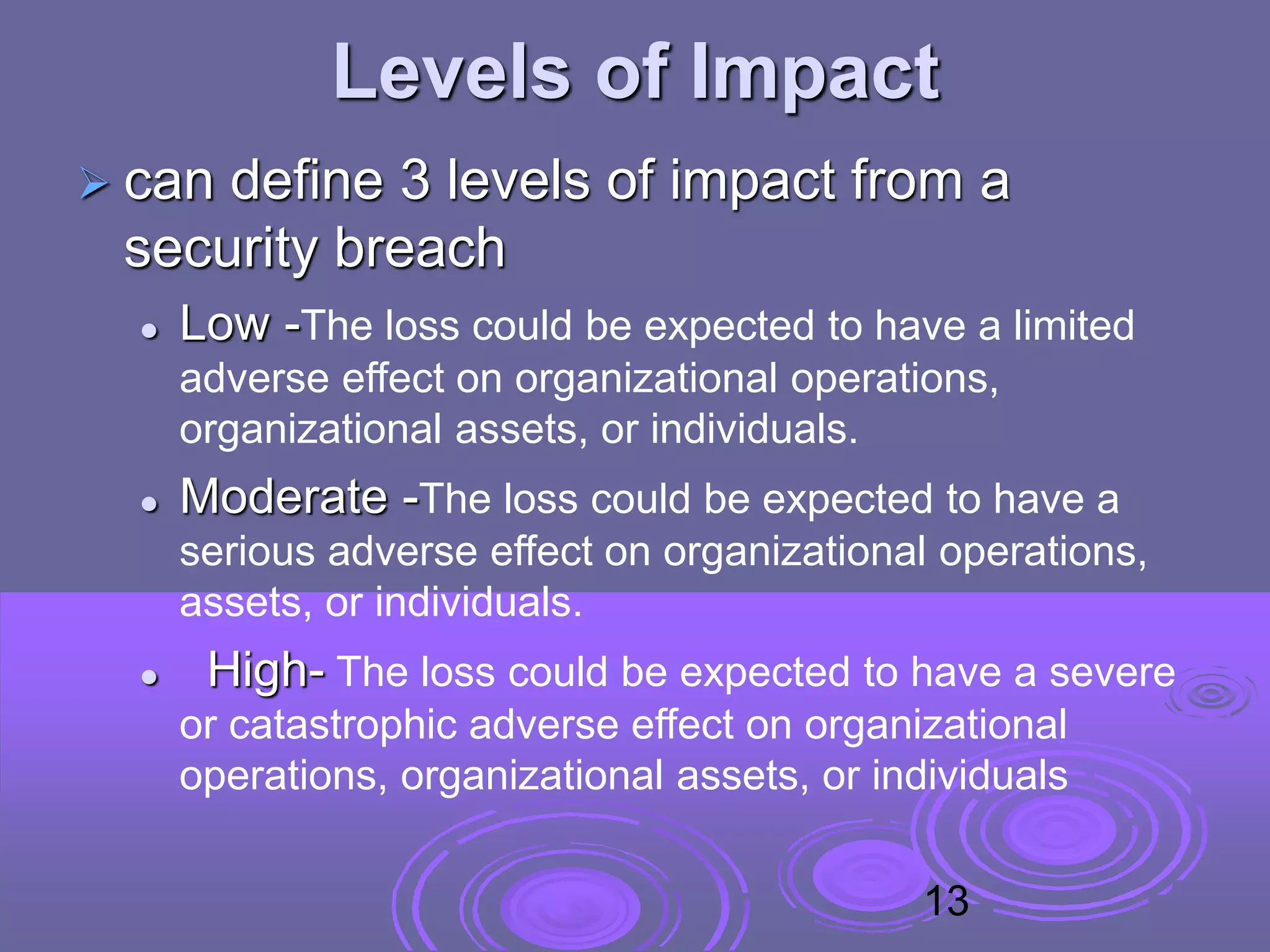 Levels of Impact
 can define 3 levels of impact from a
security breach
 Low -The loss could be expected to have a limited
adverse effect on organizational operations,
organizational assets, or individuals.
 Moderate -The loss could be expected to have a
serious adverse effect on organizational operations,
assets, or individuals.
 High- The loss could be expected to have a severe
or catastrophic adverse effect on organizational
operations, organizational assets, or individuals
13
 