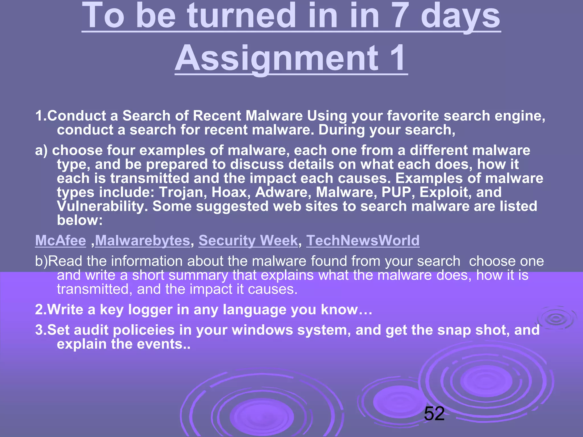To be turned in in 7 days
Assignment 1
1.Conduct a Search of Recent Malware Using your favorite search engine,
conduct a search for recent malware. During your search,
a) choose four examples of malware, each one from a different malware
type, and be prepared to discuss details on what each does, how it
each is transmitted and the impact each causes. Examples of malware
types include: Trojan, Hoax, Adware, Malware, PUP, Exploit, and
Vulnerability. Some suggested web sites to search malware are listed
below:
McAfee ,Malwarebytes, Security Week, TechNewsWorld
b)Read the information about the malware found from your search choose one
and write a short summary that explains what the malware does, how it is
transmitted, and the impact it causes.
2.Write a key logger in any language you know…
3.Set audit policeies in your windows system, and get the snap shot, and
explain the events..
52
 