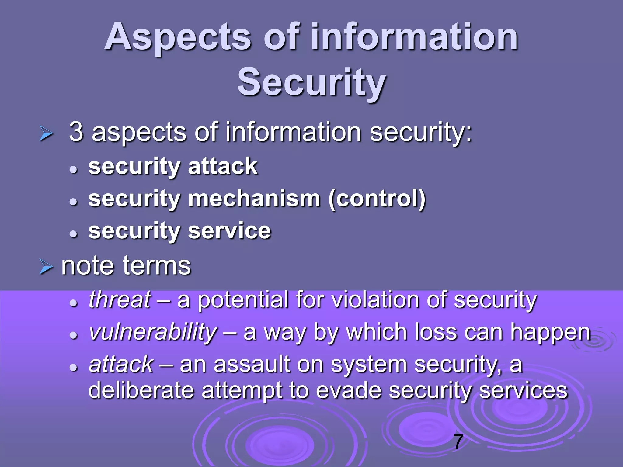 Aspects of information
Security
 3 aspects of information security:
 security attack
 security mechanism (control)
 security service
 note terms
 threat – a potential for violation of security
 vulnerability – a way by which loss can happen
 attack – an assault on system security, a
deliberate attempt to evade security services
7
 