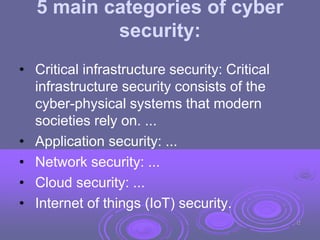 5 main categories of cyber
security:
• Critical infrastructure security: Critical
infrastructure security consists of the
cyber-physical systems that modern
societies rely on. ...
• Application security: ...
• Network security: ...
• Cloud security: ...
• Internet of things (IoT) security.
12
 