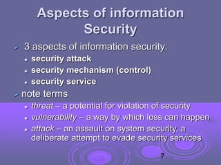 Aspects of information
Security
 3 aspects of information security:
 security attack
 security mechanism (control)
 security service
 note terms
 threat – a potential for violation of security
 vulnerability – a way by which loss can happen
 attack – an assault on system security, a
deliberate attempt to evade security services
7
 