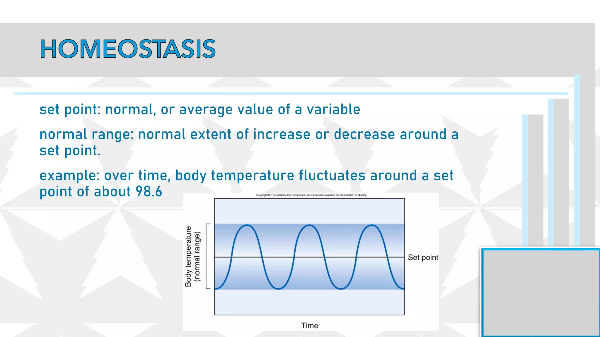 set point: normal, or average value of a variable
normal range: normal extent of increase or decrease around a
set point.
example: over time, body temperature fluctuates around a set
point of about 98.6
 
