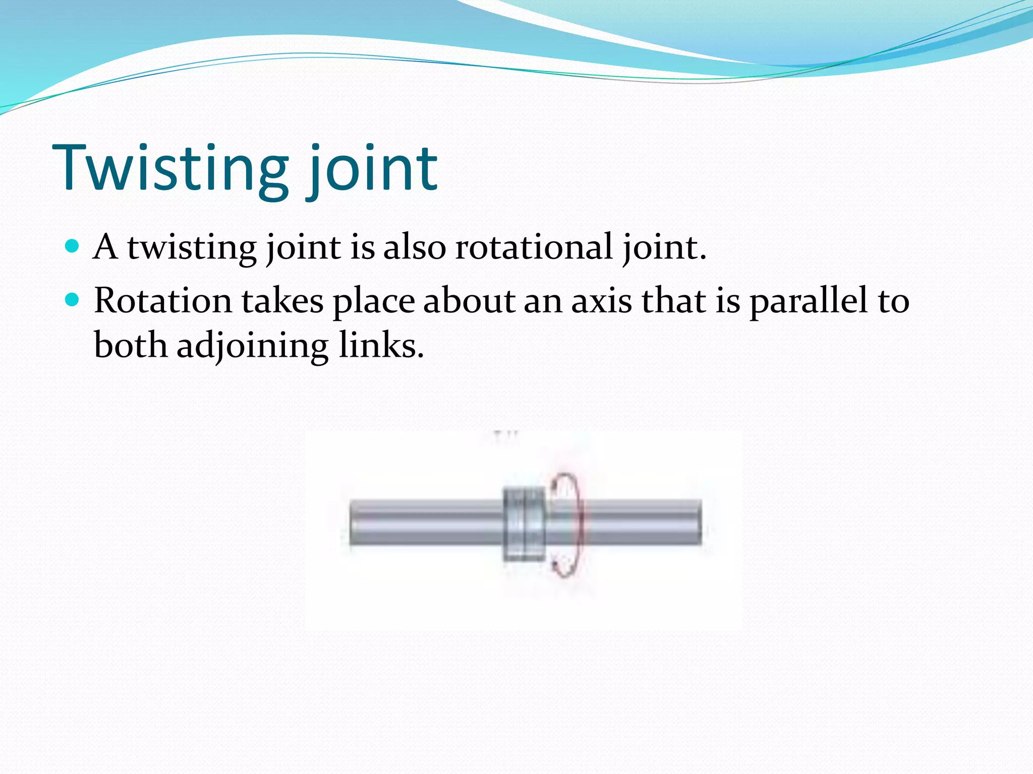 Twisting joint 
 A twisting joint is also rotational joint. 
 Rotation takes place about an axis that is parallel to 
both adjoining links. 
 