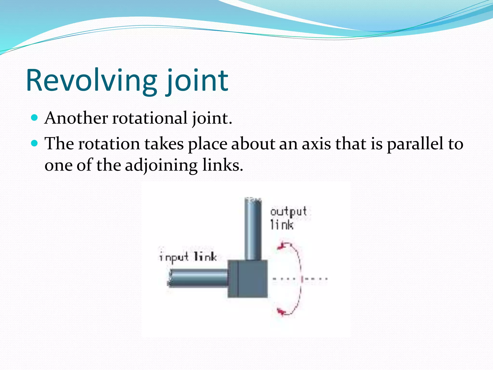 Revolving joint 
 Another rotational joint. 
 The rotation takes place about an axis that is parallel to 
one of the adjoining links. 
 