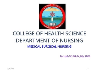 COLLEGE OF HEALTH SCIENCE
DEPARTMENT OF NURSING
MEDICAL SURGICAL NURSING
By: Haile W. (BSc N, MSc AHN)
5/8/2023 1
 