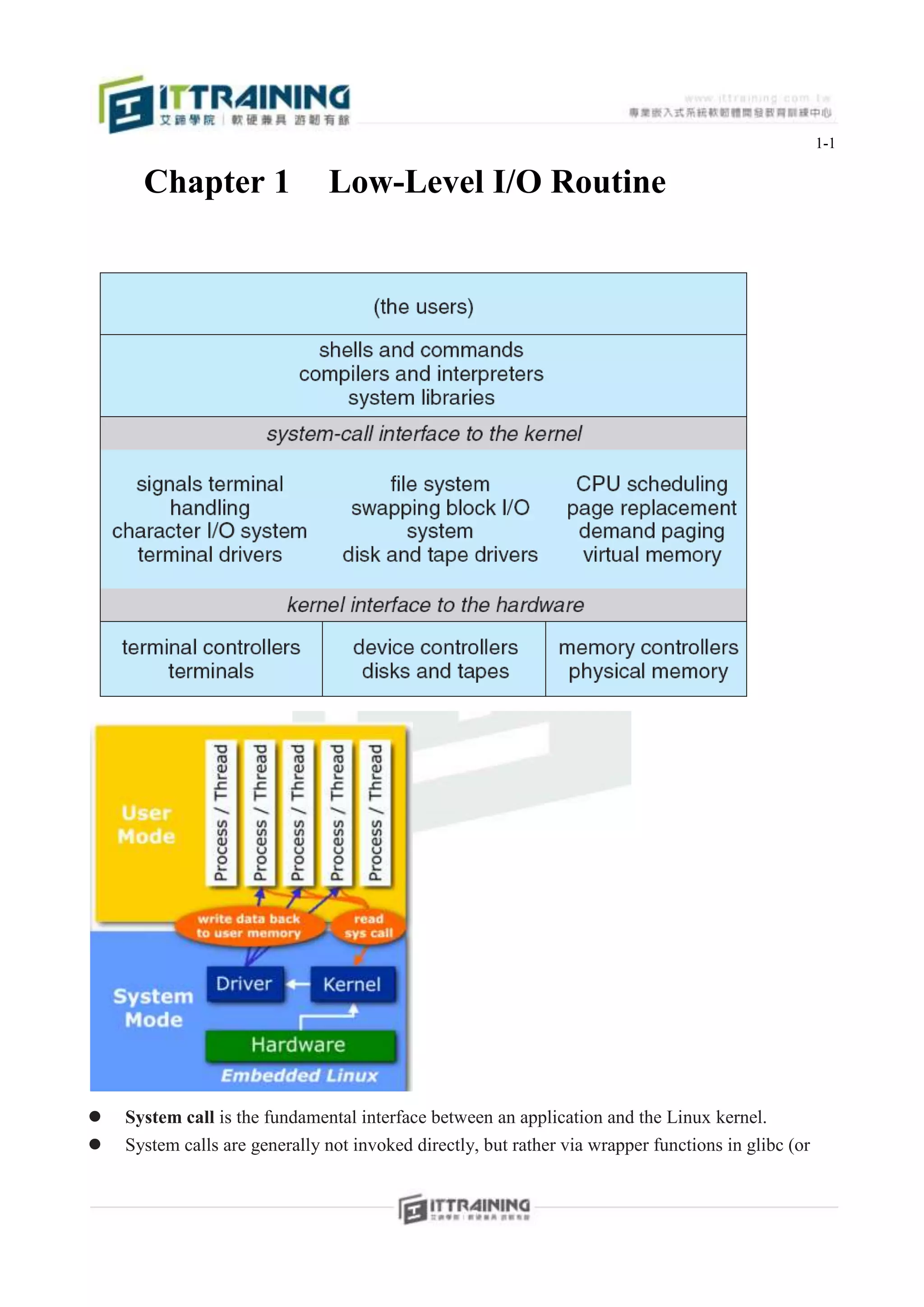 1-1

      Chapter 1                Low-Level I/O Routine




   System call is the fundamental interface between an application and the Linux kernel.
   System calls are generally not invoked directly, but rather via wrapper functions in glibc (or
 